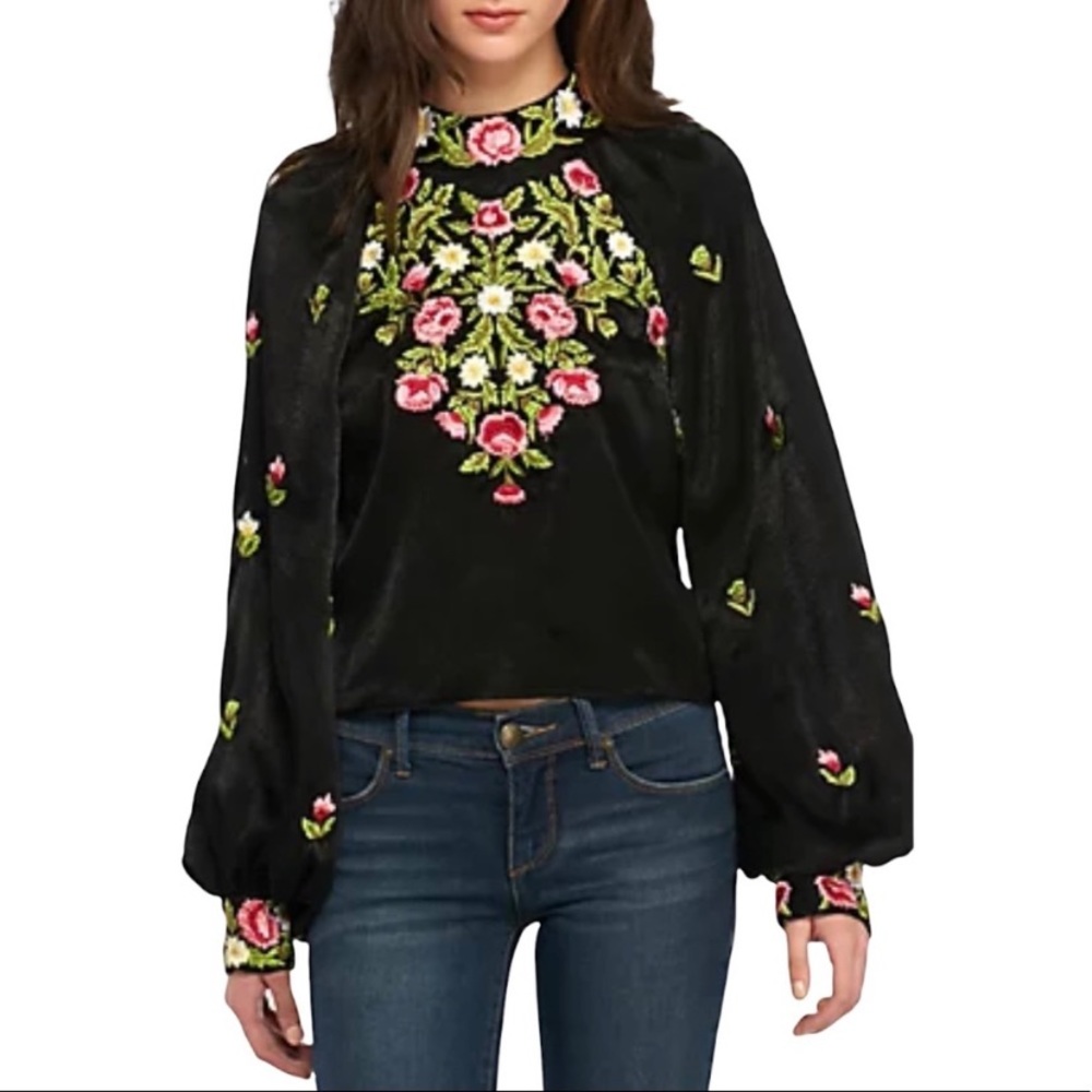 Free People Jessica High Neck Embroidered Black Peasant Blouse Top Boho Gypsy - Picture 6 of 16